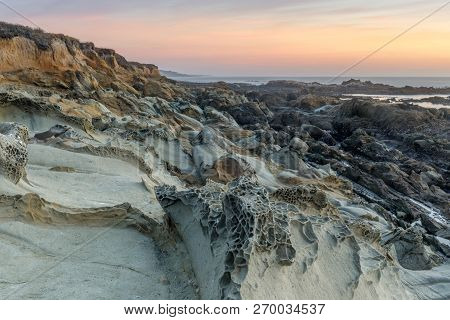 Tafoni Landforms In Bean Hollow State Beach. San Mateo County, California, Usa.