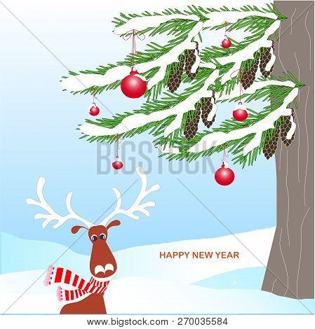 Romantic Winter Background With Green Fir Tree, Brown Cone, Cartoons Deer, Red Ball, In White Snow O