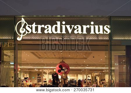 Saint Petersburg, Russia - October 10, 2018: Shop Stradivarius In The Mall. Company Logo