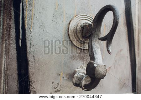 Door Handles With An Old Double Door. Golden Handle Door Entrance. Luxury Gold Handle. Classical Sty