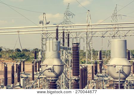 High Voltage Transformer Modern Substation Electrical Switchyard.
