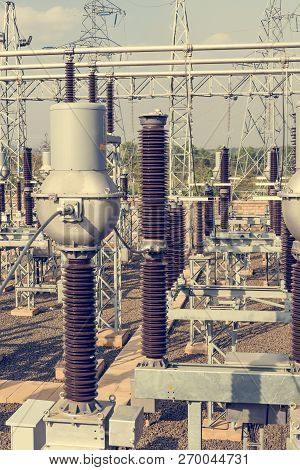 High Voltage Transformer Modern Substation Electrical Switchyard.
