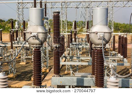 High Voltage Transformer Modern Substation Electrical Switchyard.
