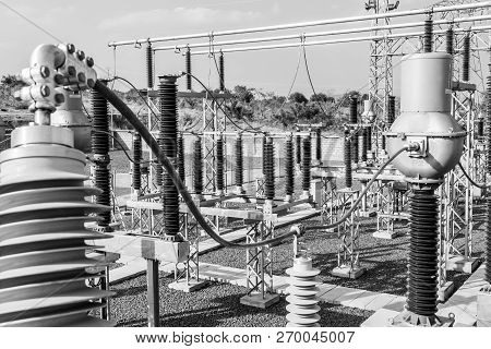 High Voltage Transformer Modern Substation Electrical Switchyard.