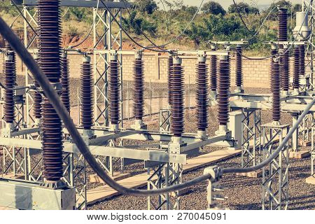 High Voltage Transformer Modern Substation Electrical Switchyard.