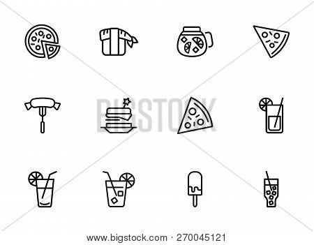 Snack Line Icons. Set Of Line Icons On White Background. Picnic Concept. Pizza, Cocktail, Sausage. C