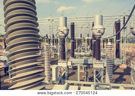 High Voltage Transformer Modern Substation Electrical Switchyard.