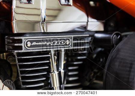 Moscow. November 2018. Orange Harley Davidson Stands In The Garage.
Twin Cam Screamin Eagle 110 Engi