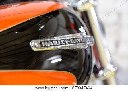 Moscow. November 2018. Orange Harley Davidson Stands In The Garage.
Twin Cam Screamin Eagle 110 Engi