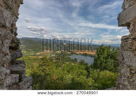 Beautiful Lake Piediluco View And The Ancient Town Labro On The Hill From The Window Of An Old Ruine