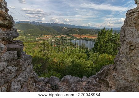 Beautiful Lake Piediluco View And The Ancient Town Labro On The Hill From The Window Of An Old Ruine