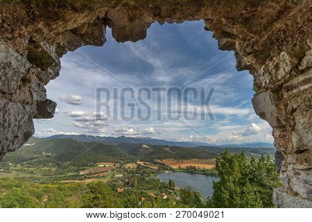 Beautiful Lake Piediluco View And The Ancient Town Labro On The Hill From The Window Of An Old Ruine