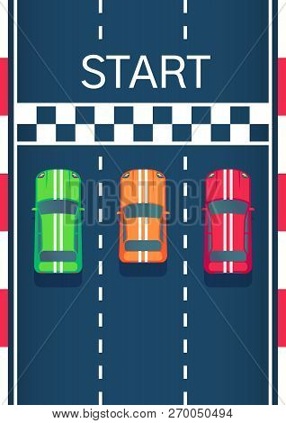 Racing Sports Cars On Start Line. Motorsport Modern Car. Flat Style Top View Vector Illustration.