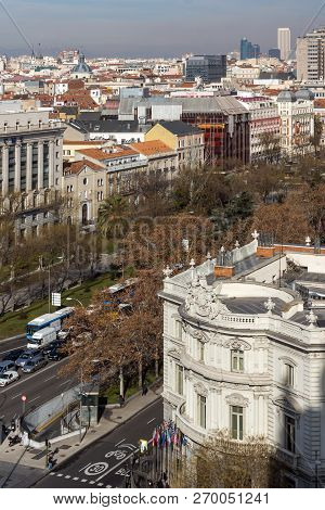 Madrid, Spain - January 24, 2018:  View From The Terrace Of Cybele Palace (palacio De Cibeles), Madr
