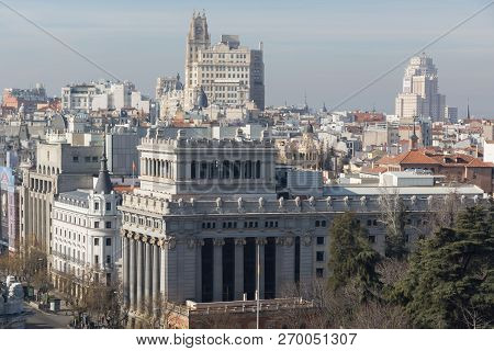Madrid, Spain - January 24, 2018:  View From The Terrace Of Cybele Palace (palacio De Cibeles), Madr