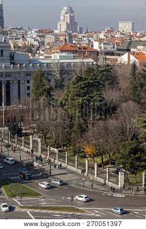 Madrid, Spain - January 24, 2018:  View From The Terrace Of Cybele Palace (palacio De Cibeles), Madr