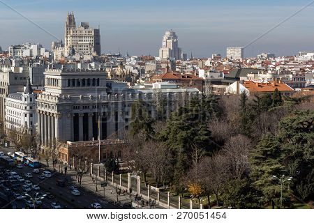 Madrid, Spain - January 24, 2018:  View From The Terrace Of Cybele Palace (palacio De Cibeles), Madr