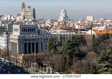 Madrid, Spain - January 24, 2018:  View From The Terrace Of Cybele Palace (palacio De Cibeles), Madr