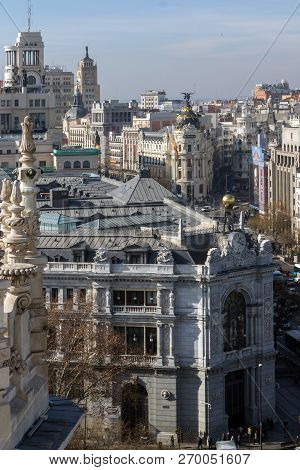 Madrid, Spain - January 24, 2018:  View From The Terrace Of Cybele Palace (palacio De Cibeles), Madr