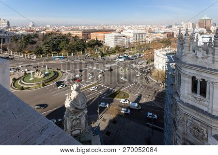 Madrid, Spain - January 24, 2018:  View From The Terrace Of Cybele Palace (palacio De Cibeles), Madr