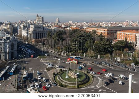 Madrid, Spain - January 24, 2018:  View From The Terrace Of Cybele Palace (palacio De Cibeles), Madr