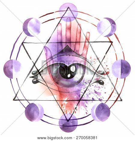 Alchemy Symbol With Hand, All Seeing Eye, Moon Phases And Transmutation Circle. Watercolor Painting 