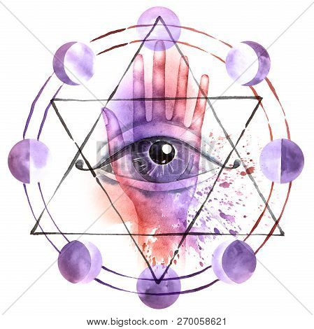 Alchemy Symbol With Hand, All Seeing Eye, Moon Phases And Transmutation Circle. Watercolor Painting 