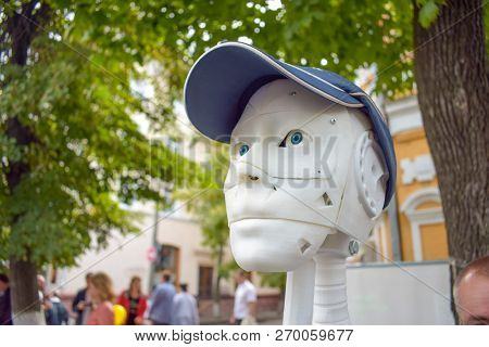 Kropivnitskiy, Ukraine  - 15 September, 2018: Futuristic Man, White Robot Printed On A 3d Printer. C