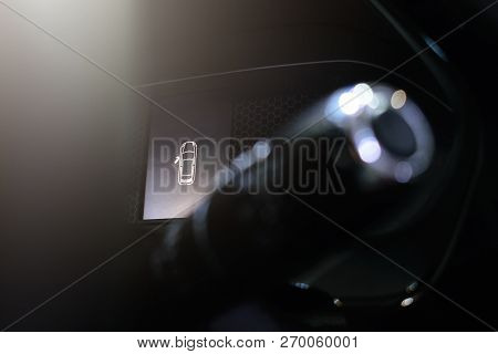 Door Open Warning Light On Car Dashboard. Close Up Shot Open Doors Car Warning Signs. Monitor System