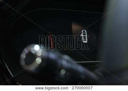 Door Open Warning Light On Car Dashboard. Close Up Shot Open Doors Car Warning Signs. Monitor System