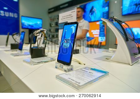 MOSCOS, RUSSIA - SEPTEMBER 20, 2018: interior shot of Samsung store in Moscow.