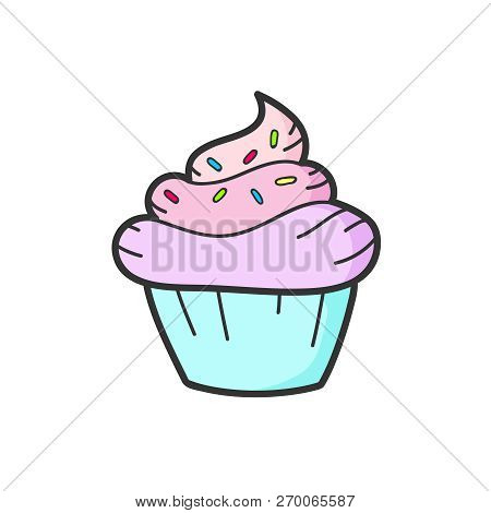 Cute Pink Cupcake Drawing. Junk Food. Vector Isolated. Illustration.