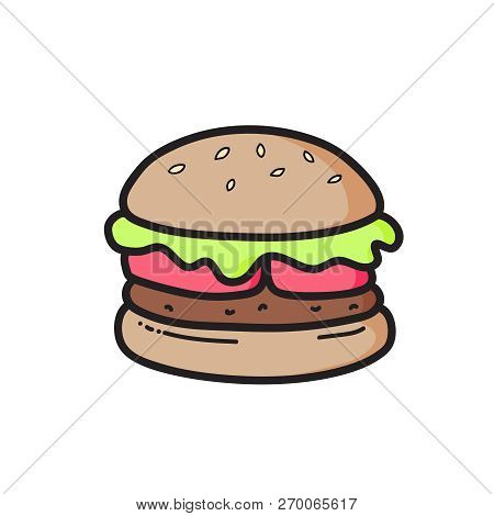 Cute Cheeseburger Drawing. Junk Food. Vector Isolated. Illustration.