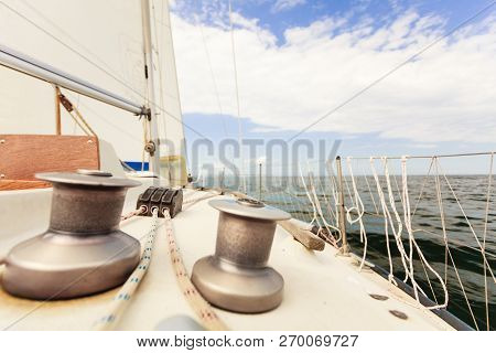 Yacht Capstan With Rope On Sailing Boat During Cruise, Marine Objects Concept.