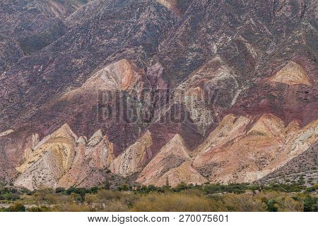 Village Maimara Under Colorful Rock Called Paleta Del Pintor Painters Palette In Quebrada De Humahua