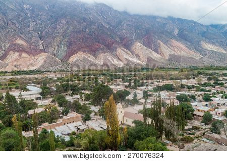 Village Maimara Under Colorful Rock Called Paleta Del Pintor Painters Palette In Quebrada De Humahua