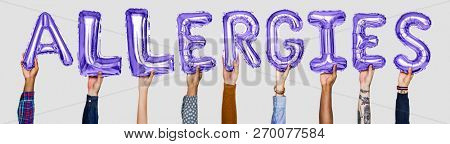 Hands holding allergies word in balloon letters