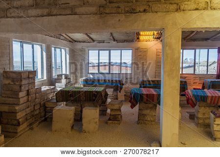 Puerto Chuvica, Bolivia - April 16, 2015: Interior Of A Hotel Made Of Salt Near Salt Plain Salar De 