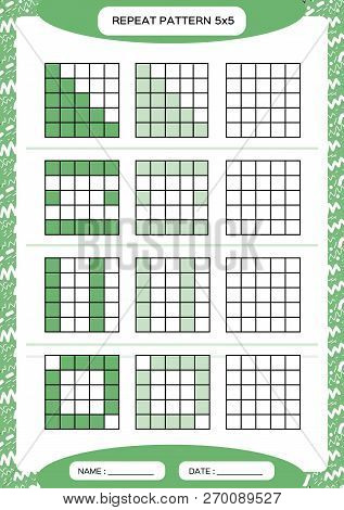 Repeat Green Pattern. Cube Grid With Squares. Special For Preschool Kids. Worksheet For Practicing F