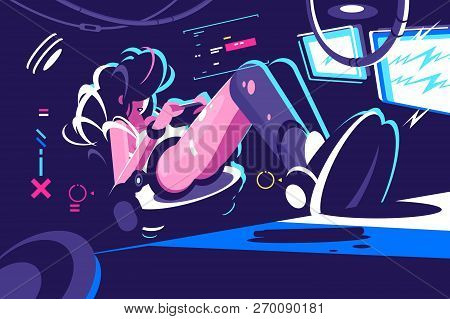 Professional Computer Gamer Flat Style Poster. Cartoon