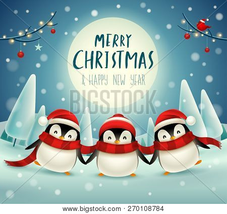 Cute Little Penguins Under The Moonlight In Christmas Snow Scene Winter Landscape. Christmas Cute An