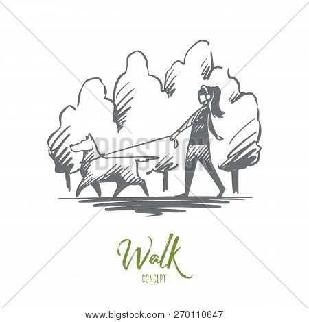 Walk, Pet, Dog, Lifestyle, Darling Concept. Hand Drawn Woman Walking With Her Dog On A Leash In City