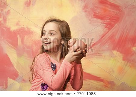 Girl Hold Moneybox Or Piggy Bank For Savings. Sale And Black Friday Shopping. Bankruptcy And Handout