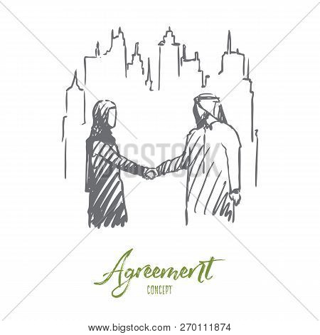 Businessman, Agreement, Outsourcing, Muslim, Companion Concept. Hand Drawn Muslim Man And Woman Shak