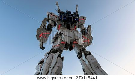 Tokyo, Japan - August 2018: Unicorn Gundam Statue Life Size Standing Front Of Diver City Plaza Tokyo