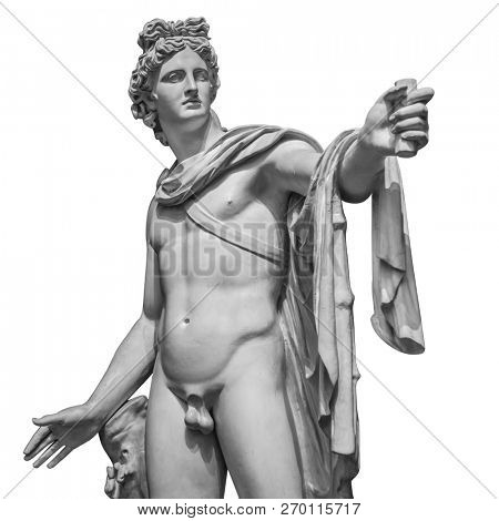 Famous roman greek copy of Apollo di belvedere sculpture isolated on white background.