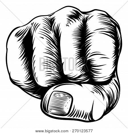 An Original Design Of A Fist Hand In A Vintage Woodcut Woodblock Style