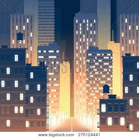 Illustration Of Avenue With Modern Buildings At Night. Background Of Road With Lamp Posts With Urban