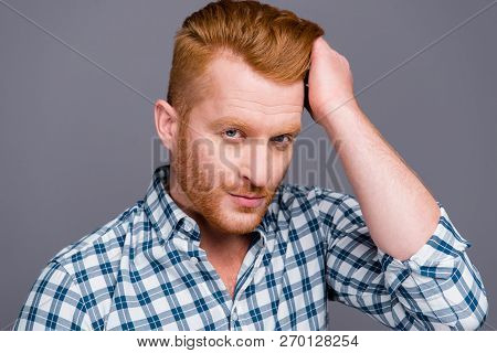 Close-up Portrait Of Nice Cool Content Confident Virile Masculine Handsome Attractive Trendy Macho M