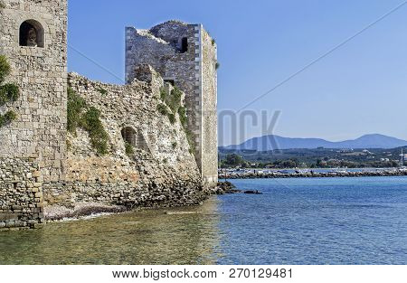 Part Of The Castle Of Methoni And Blue Sea Landscape Messenia Greece - Medieval Venetian Fortificati